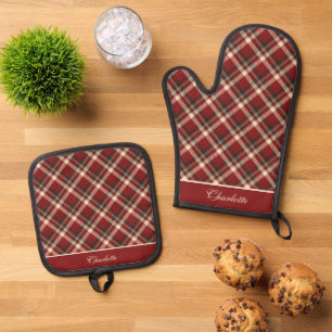 Ensemble De Gant De Cuisine Et De Manique Elégante Maroon Red Cream Royal Stewart Tartan