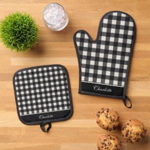 Ensemble De Gant De Cuisine Et De Manique Élégante sériole noir et blanc Plaid personnalisé