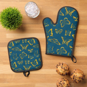 Ensemble De Gant De Cuisine Et De Manique Élégants papillons Turquoises en or bleu