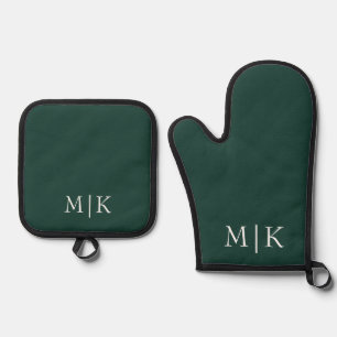 Ensemble De Gant De Cuisine Et De Manique Emerald Green et White   Monogramme moderne