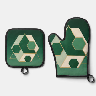 Ensemble De Gant De Cuisine Et De Manique Émeraude Hexagone Géométrique Luxe