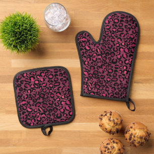 Ensemble De Gant De Cuisine Et De Manique Empreinte de léopard noir rose glam