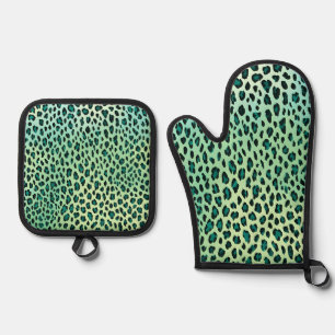 Ensemble De Gant De Cuisine Et De Manique Empreinte de léopard turquoise Bleu Et Vert