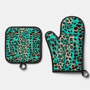 Ensemble De Gant De Cuisine Et De Manique Empreinte de léopard Turquoise Turquoise