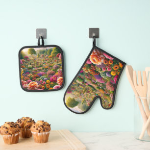 Ensemble De Gant De Cuisine Et De Manique Ensemble de maniques de jardin de fleurs Fantasy