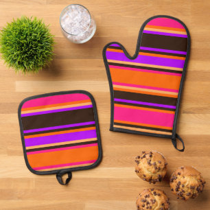 Ensemble De Gant De Cuisine Et De Manique Ensemble Mitt Orange, Magenta & Purple Striped