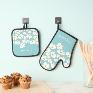 Ensemble De Gant De Cuisine Et De Manique Été Blanc Fleurs Cosmos Nom personnalisé