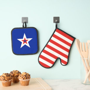 Ensemble De Gant De Cuisine Et De Manique Étoile patriotique et rayures avec texte facultati