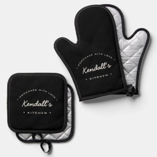 Ensemble De Gant De Cuisine Et De Manique Fait maison avec amour noir blanc personnalisé