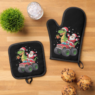 Ensemble De Gant De Cuisine Et De Manique Famille de Noël assortie Santa Camion Dinosaure