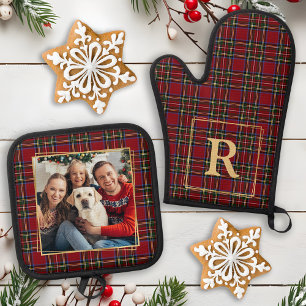 Ensemble De Gant De Cuisine Et De Manique Famille Noël Plaid Gold Photo personnalisée