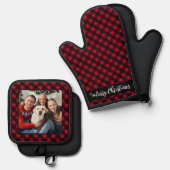 Ensemble De Gant De Cuisine Et De Manique Family Christmas Personalized Red Plaid Photo  (Recto/Verso)