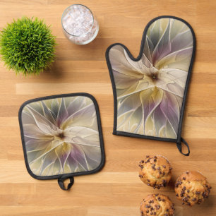 Ensemble De Gant De Cuisine Et De Manique Fantaisie florale or aubergine Art fractal abstrai
