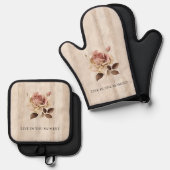 Ensemble De Gant De Cuisine Et De Manique Faux Crème Rustique Rose Bois (Recto/Verso)