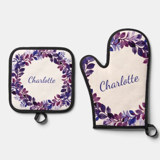 Ensemble De Gant De Cuisine Et De Manique Fête de mariée personnalisée violet fleuri Favoris (Recto)