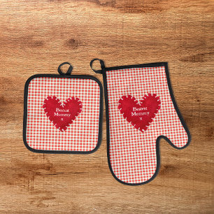 Ensemble De Gant De Cuisine Et De Manique Fête des Mères du Coeur Rouge personnalisé