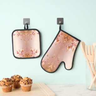 Ensemble De Gant De Cuisine Et De Manique Feuille rose Golden Four Floral Mitt & Pot Porte
