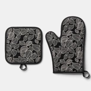 Ensemble De Gant De Cuisine Et De Manique Feuilles blanches sur fond noir