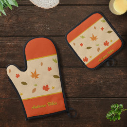 Ensemble De Gant De Cuisine Et De Manique Feuilles d'automne colorées avec texte personnalis