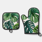 Ensemble De Gant De Cuisine Et De Manique Feuilles Monstera | Aquarelle moderne simple (Recto)