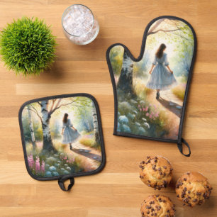 Ensemble De Gant De Cuisine Et De Manique Fille Fantaisiste Dançant à Travers une Forêt de B