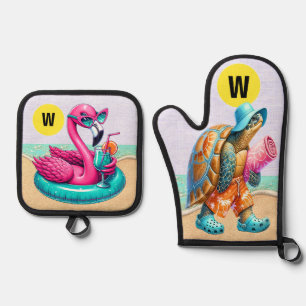 Ensemble De Gant De Cuisine Et De Manique Flamant rose et tortue s'amuser