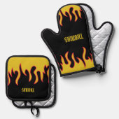 Ensemble De Gant De Cuisine Et De Manique Flammes Jaune, Rouge et Noir Personnalisées (Recto/Verso)