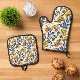 Ensemble De Gant De Cuisine Et De Manique Fleur Bleue Feuillue de Style Folk Orange Jaune Vi