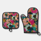 Ensemble De Gant De Cuisine Et De Manique Fleur botanique (Recto)