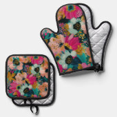 Ensemble De Gant De Cuisine Et De Manique Fleur botanique (Recto/Verso)