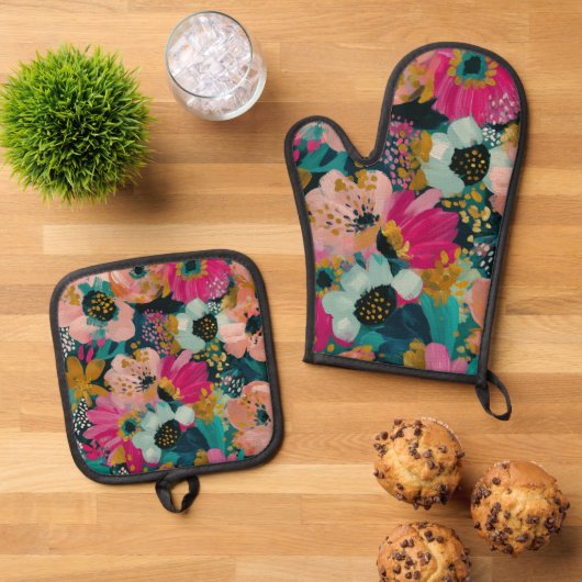 Ensemble De Gant De Cuisine Et De Manique Fleur botanique (De haut en bas)