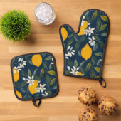 Ensemble De Gant De Cuisine Et De Manique Fleur de citron méditerranéen (De haut en bas)