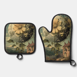 Ensemble De Gant De Cuisine Et De Manique Fleur Lune et charme Vintage