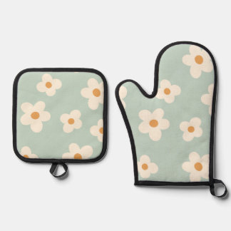 Ensemble De Gant De Cuisine Et De Manique Fleur marguerite vert motif couleurs pastel