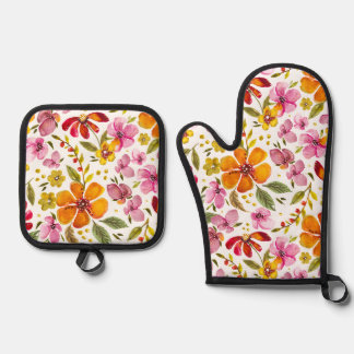 Ensemble De Gant De Cuisine Et De Manique Fleurs aquarelles de printemps personnalisées Enfi