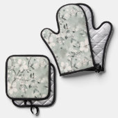 Ensemble De Gant De Cuisine Et De Manique Fleurs blanches gris chic (Recto/Verso)
