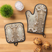Ensemble De Gant De Cuisine Et De Manique Fleurs Blanches Modernes Perles (De haut en bas)