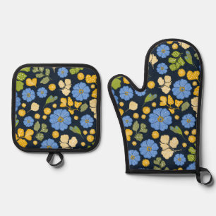 Ensemble De Gant De Cuisine Et De Manique Fleurs bleues et jaunes dessinées à la main
