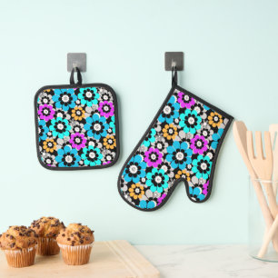 Ensemble De Gant De Cuisine Et De Manique Fleurs colorées marguerites Bleu Turquoise Violet