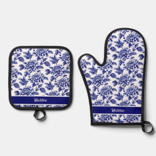 Ensemble De Gant De Cuisine Et De Manique Fleurs Dahlia Bleues et Blanches Toile de Jouy