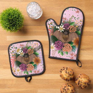 Ensemble De Gant De Cuisine Et De Manique Fleurs de chauve-souris florales Botaniques