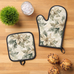 Ensemble De Gant De Cuisine Et De Manique Fleurs de Poinsettia crème
