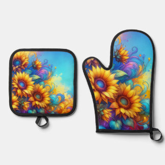 Ensemble De Gant De Cuisine Et De Manique Fleurs de soleil surréalistes