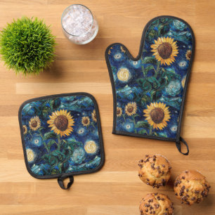 Ensemble De Gant De Cuisine Et De Manique Fleurs de soleil Van Gogh et nuit étoilée