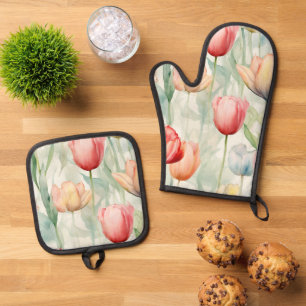 Ensemble De Gant De Cuisine Et De Manique Fleurs de tulipes jaunes rouges de ferme Fête de m