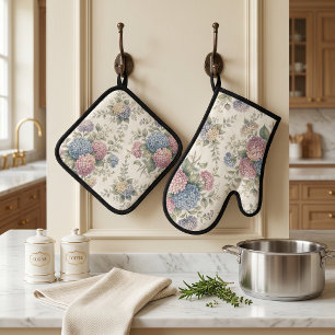Ensemble De Gant De Cuisine Et De Manique Fleurs d'hortensia délicates 
