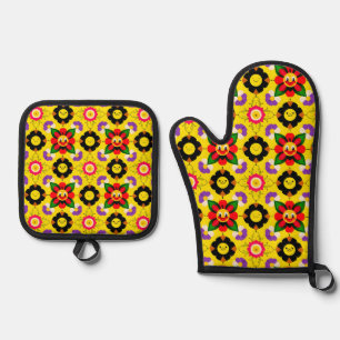 Ensemble De Gant De Cuisine Et De Manique Fleurs et abeilles souriantes de dessin animé