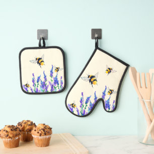 Ensemble De Gant De Cuisine Et De Manique Fleurs et Abeilles volantes Four Mitt & Pot Holder