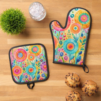 Ensemble De Gant De Cuisine Et De Manique Fleurs Fantaisistes