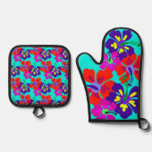 Ensemble De Gant De Cuisine Et De Manique Fleurs HIbiscus (Recto)